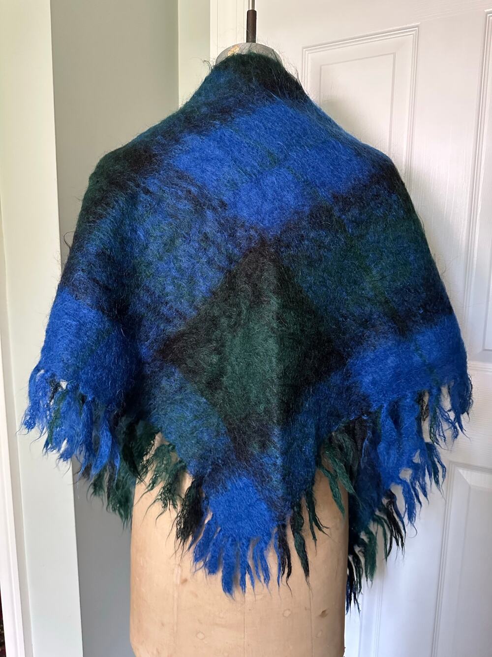 Vintage Mohair Fringed shawl Shrug Wrap Poncho blue black green fuzzy triangle